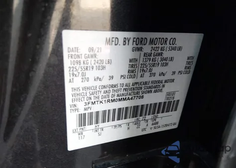 2021 Ford Mustang Mach-E Select z USA, uszkodzony, nr VIN 3FMTK1RM0MMA47708